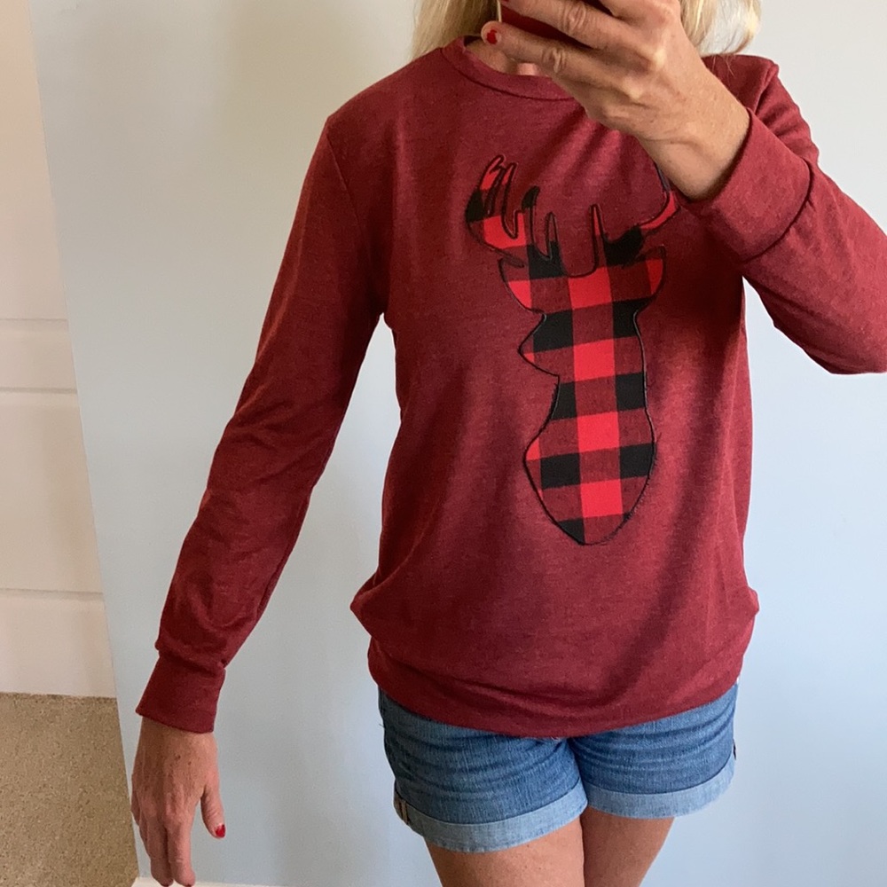 French Terry Long Sleeve Plaid Reindeer Top - Picture 3 of 10